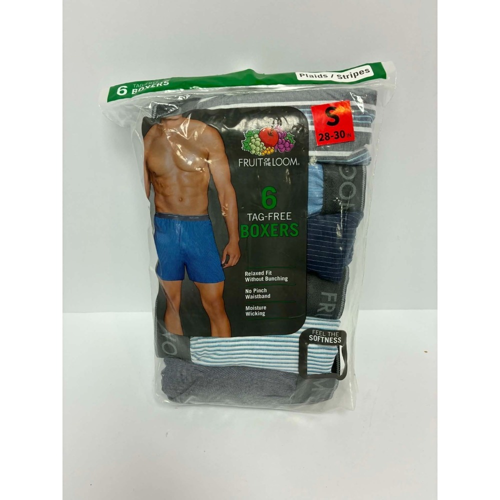 Fruit of the Loom Men's Boxers 6 Pack Size Small 28-30 Tag-Free Plaid Stripe